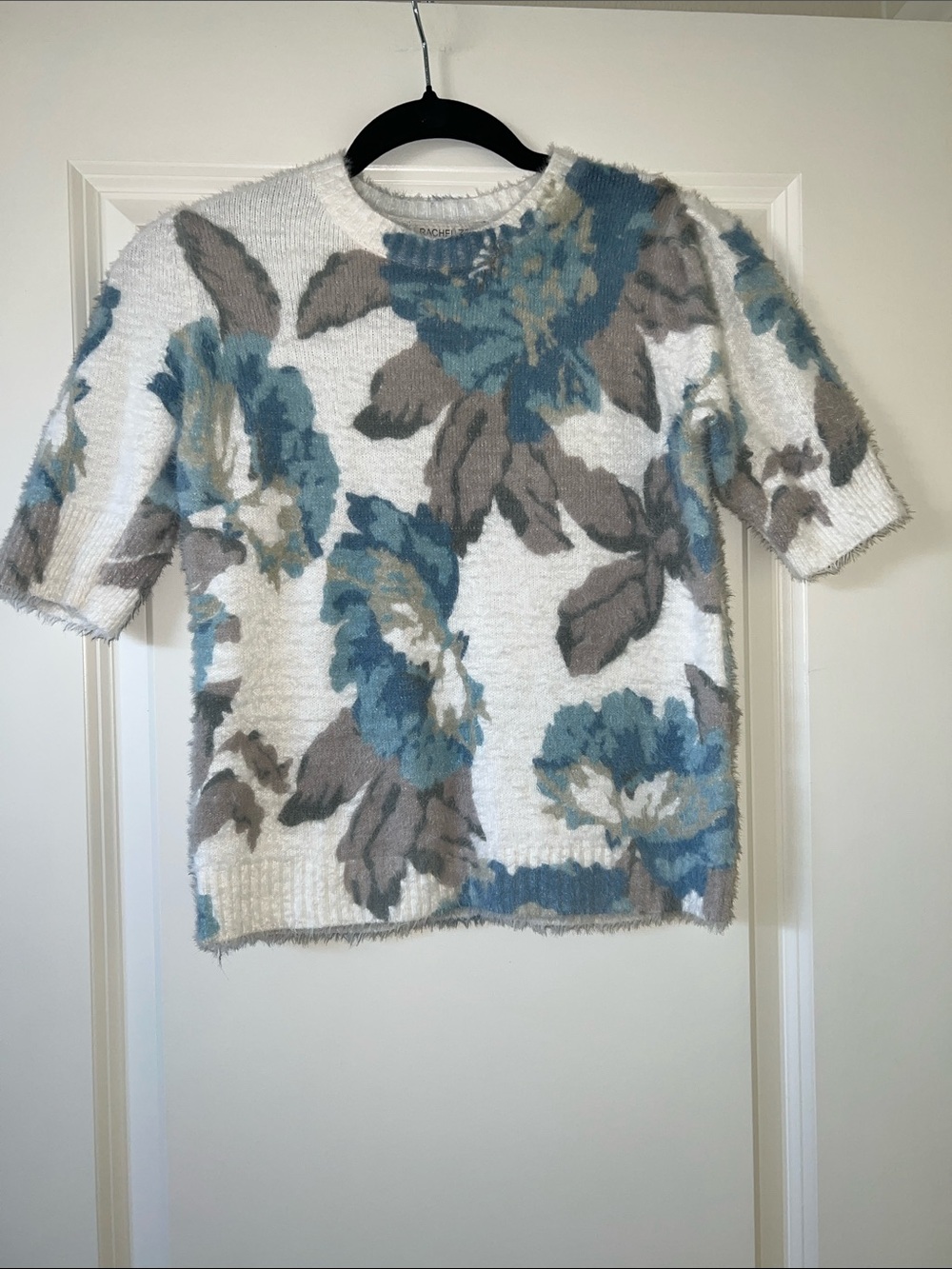 Rachel Zoe White Crewneck Sweater with Blue and Taupe Floral, Size XS